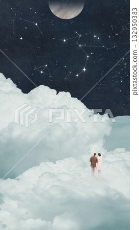 Creative composition. Couple standing on clouds pointing at constellations in night sky 132950383