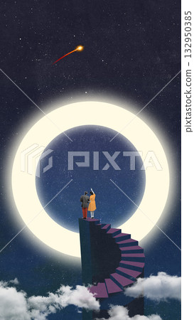 Trendy collage. Couple on spiral stairs pointing at glowing ring in starry night sky 132950385