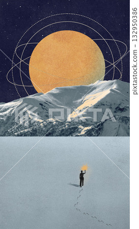 Modern poster. Woman walking in snowy field holding light toward giant sun above mountains 132950386