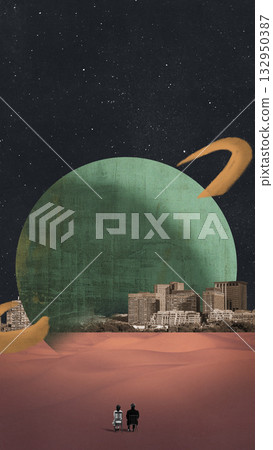 Surreal poster. Two people sitting in desert facing futuristic city beneath green planet 132950387