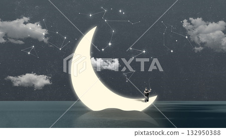 Graphic composition. Man fishing on glowing crescent moon surrounded by constellations in night sky 132950388
