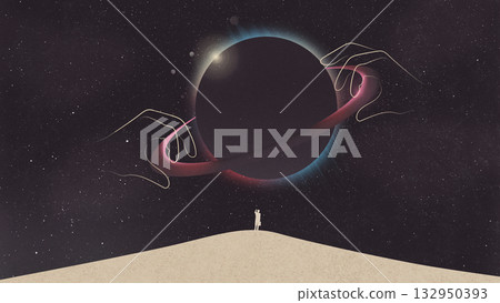 Abstract artwork. Businessman standing under cosmic sphere with glowing rings and abstract hands in night sky 132950393