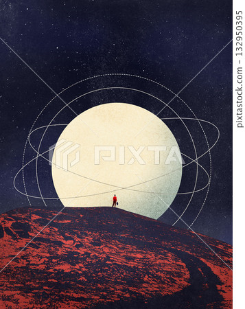 Surreal collage art. Businesswoman standing on red alien landscape facing giant glowing planet in night sky 132950395