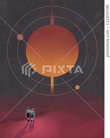 Creative collage. Two children in hats gaze at giant glowing planet with orbit lines across starry sky. 132950396