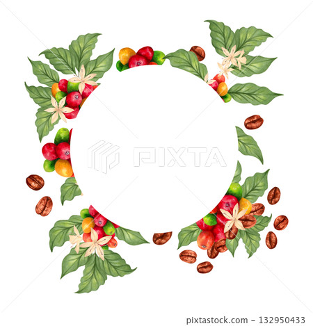 Round frame of coffee branches with leaves, coffee berries, beans, flowers. Watercolor illustration with space for text. Hand drawn isolated art. Coffee Day. For packaging, logos, menu, invitations. 132950433