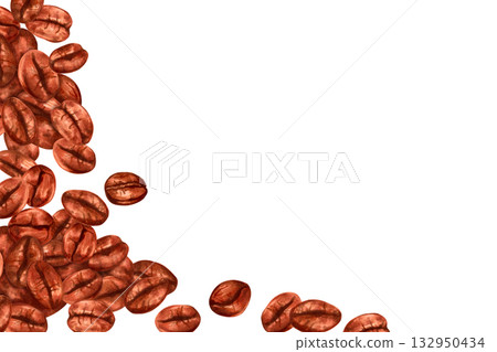 Horizontal frame of coffee beans. The aroma of Robusta, Arabica. Watercolor, marker illustration. Template with space for text for cafes, restaurant. International Coffee Day. Hand drawn isolated art. Horizontal frame of coffee beans. The aroma of Robusta, Arabica. Watercolor, marker illustration. Template with space for text for cafes, restaurant. International Coffee Day. Hand drawn isolated art. 132950434