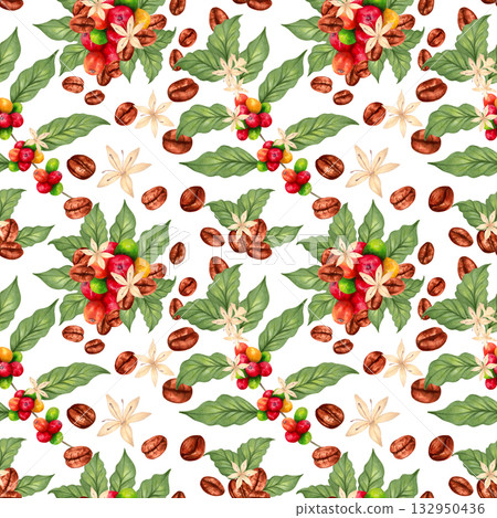 Seamless pattern of Arabica and Robusta coffee berries with beans, leaves, and flowers. Watercolor illustration. Hand drawn isolated art. International Coffee Day. Background for fabric and textiles. 132950436