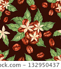 Seamless pattern of coffee beans with flowers and leaves. Illustration with watercolor and marker. Handmade art of aroma of Robusta and Arabica varieties. Coffee day. For fabric and tablecloths. 132950437