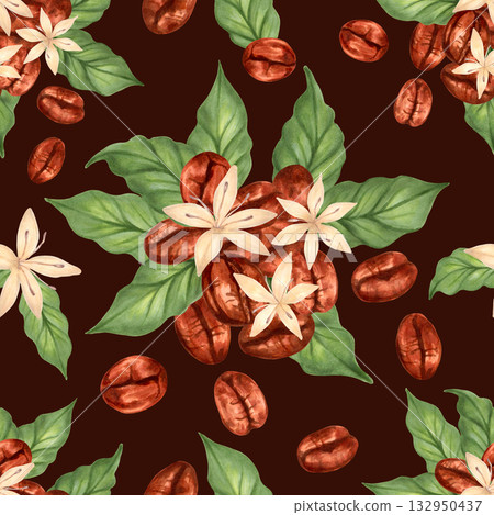 Seamless pattern of coffee beans with flowers and leaves. Illustration with watercolor and marker. Handmade art of aroma of Robusta and Arabica varieties. Coffee day. For fabric and tablecloths. 132950437