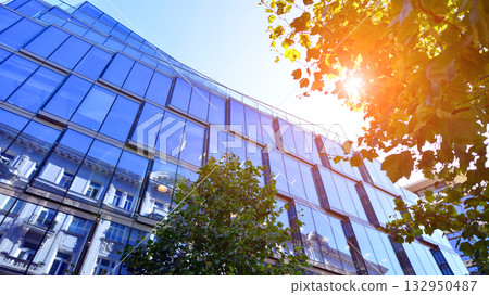 Modern luxury office building.The structure features a glass and concrete walls, showcasing contemporary architecture. The green surroundings of office buildings. Trees and shrubs in the city. Modern luxury office building.The structure features a glass and concrete walls, showcasing contemporary architecture. The green surroundings of office buildings. Trees and shrubs in the city. 132950487