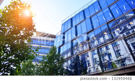 Modern luxury office building.The structure features a glass and concrete walls, showcasing contemporary architecture. The green surroundings of office buildings. Trees and shrubs in the city. Modern luxury office building.The structure features a glass and concrete walls, showcasing contemporary architecture. The green surroundings of office buildings. Trees and shrubs in the city. 132950488