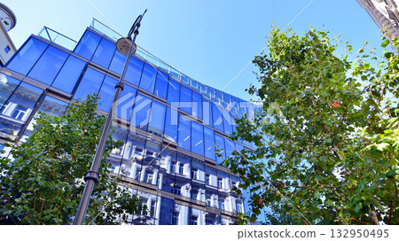Modern luxury office building.The structure features a glass and concrete walls, showcasing contemporary architecture. The green surroundings of office buildings. Trees and shrubs in the city. Modern luxury office building.The structure features a glass and concrete walls, showcasing contemporary architecture. The green surroundings of office buildings. Trees and shrubs in the city. 132950495