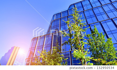 Modern luxury office building.The structure features a glass and concrete walls, showcasing contemporary architecture. The green surroundings of office buildings. Trees and shrubs in the city. Modern luxury office building.The structure features a glass and concrete walls, showcasing contemporary architecture. The green surroundings of office buildings. Trees and shrubs in the city. 132950534