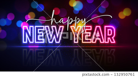 2026 Happy New Year Greeting Card Design with Glowing Neon Light Typography Lettering and Colorful Bokeh Lights on Vibrant Particle Background. Vector Christmas Holiday Season Illustration for 132950761