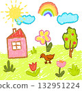 Colorful hand-drawn crayon set with flowers, clouds, and stars for Kindergarten 132951224