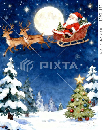 Santa Claus and reindeer running on Christmas Eve Santa Claus and reindeer running on Christmas Eve 132951353