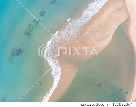 Beautiful beach sea in summer season,Travel and nature environment concept,Sea beach background Top view sandbar image from drone camera wide angle Beautiful beach sea in summer season,Travel and nature environment concept,Sea beach background Top view sandbar image from drone camera wide angle 132951364