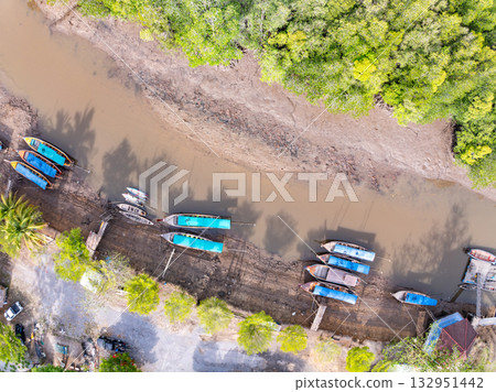 Aerial view top down boats parking in harbor,Transportation and travel background,Beautiful sea in summer season Aerial view top down boats parking in harbor,Transportation and travel background,Beautiful sea in summer season 132951442