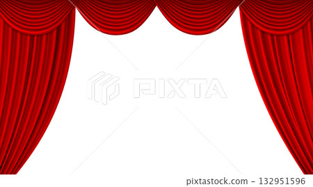 Red theater stage curtain, long top edge separated, for movie, concert or theater scene. Red theater stage curtain, long top edge separated, for movie, concert or theater scene. 132951596