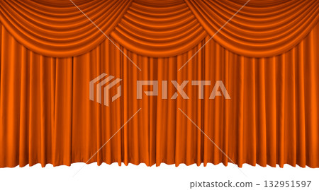 Orange stage curtain with long top edge, isolated on white background. 132951597