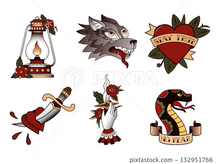 Set of traditional tattoo style illustrations with snake dagger heart wolf lantern hand and floral elements in vintage design 132951766
