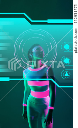 Cyberpunk collage. Woman in glowing fitness outfit standing inside futuristic holographic user interface. 132951775