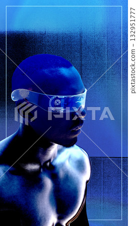 Graphic artwork. Male portrait in blue neon light wearing transparent digital visor with futuristic interface. Graphic artwork. Male portrait in blue neon light wearing transparent digital visor with futuristic interface. 132951777