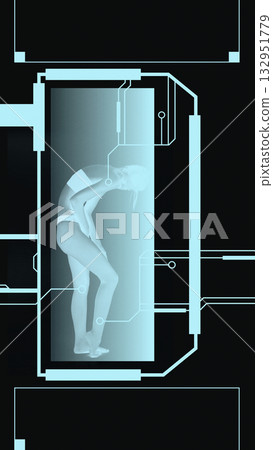 Surreal poster. Woman standing in transparent chamber with glowing digital lines on black background. 132951779