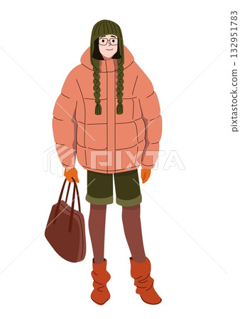 Smiling woman in winter clothes with puffer jacket knit hat braids gloves boots and handbag wearing shorts over tights in casual seasonal outfit 132951783