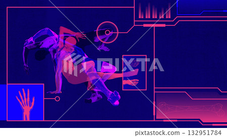 Biohacking collage. Dynamic human figures in motion analysis with neon red anatomy overlays and digital graphs. 132951784