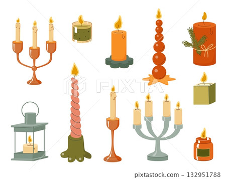 Set of burning candles in decorative holders and jars with various shapes and colors for holiday and cozy interior design themes Set of burning candles in decorative holders and jars with various shapes and colors for holiday and cozy interior design themes 132951788
