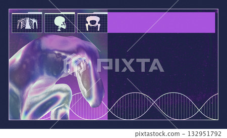 Surreal collage. Pensive human figure with neon anatomy panels and DNA helix on violet tech background. 132951792