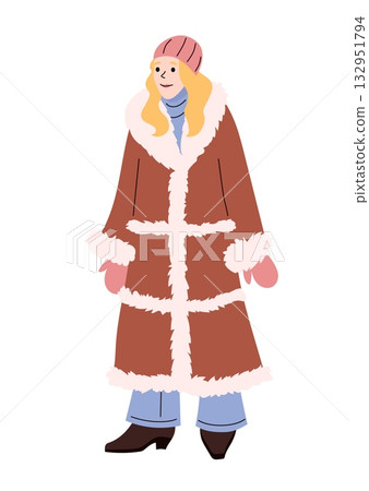 Smiling woman in long brown fur coat with mittens hat and boots dressed for cold winter weather 132951794