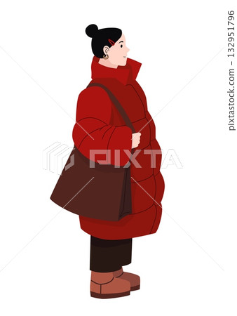 Young woman in red winter coat with brown shoulder bag and boots standing in profile isolated on white background 132951796