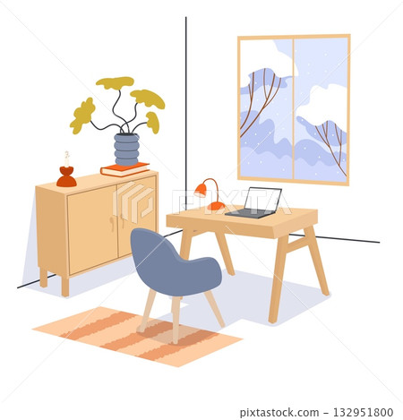 Modern home office interior with desk laptop chair lamp and window showing snowy winter landscape minimal cozy workspace illustration 132951800