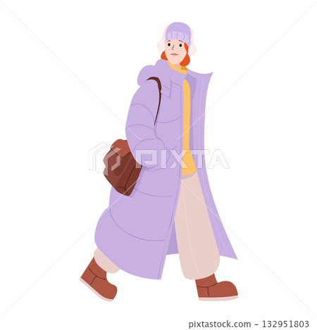Young woman walking in winter outfit with long purple coat boots beanie and earmuffs carrying brown shoulder bag on white background Young woman walking in winter outfit with long purple coat boots beanie and earmuffs carrying brown shoulder bag on white background 132951803