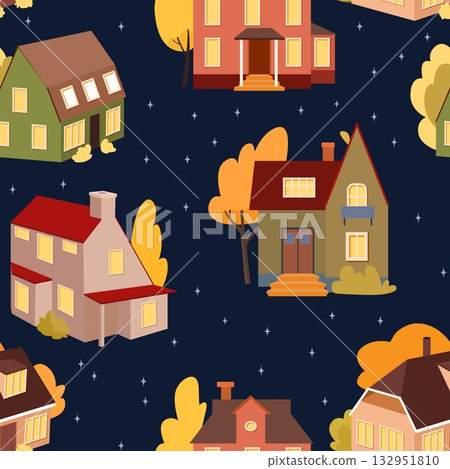 Seamless pattern of cozy autumn houses with glowing windows and fall trees on dark starry night background seasonal village design 132951810