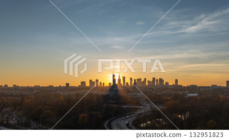 Aerial view of Warsaw skyline at sunset  city panorama with Palace of Culture and Science, skyscrapers and Bridge, golden hour, Poland 132951823