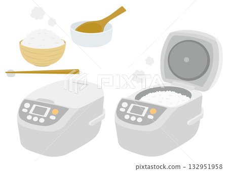 Set of illustrations of a white rice cooker, bowl and rice paddle Set of illustrations of a white rice cooker, bowl and rice paddle 132951958