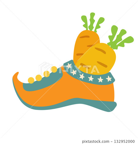 Winter orange boots with carrot inside and stars, symbol of Sinterklaas. Sinterklaas cartoon hand drawn shoes with carrot. Saint Nicholas Day Poster Vector, Dutch Celebration Card with Gift in Boot 132952000