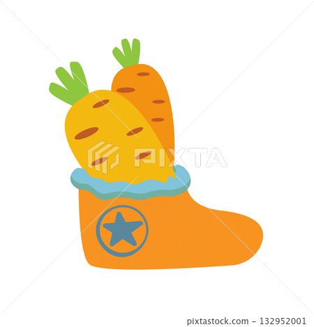 Winter orange boots with carrot inside and stars, symbol of Sinterklaas. Sinterklaas cartoon hand drawn shoes with carrot. Saint Nicholas Day Poster Vector, Dutch Celebration Card with Gift in Boot 132952001