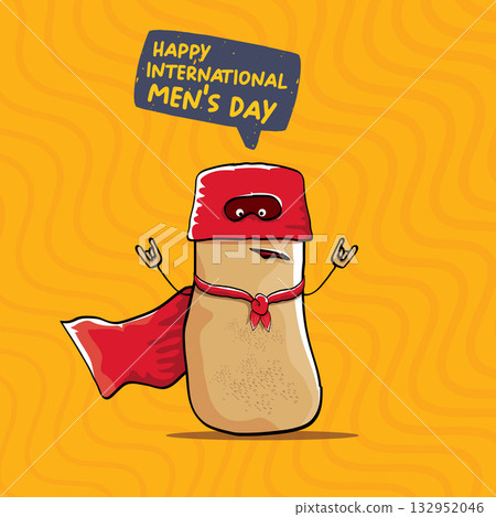 International mens day vector cartoon greeting card with funny cartoon cute brown super hero potato with red hero cape and mask on orange pattern background. Celebrating Men and Boys square banner 132952046