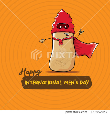 International mens day vector cartoon greeting card with funny cartoon cute brown super hero potato with red hero cape and mask on orange pattern background. Celebrating Men and Boys square banner 132952047