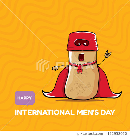 International mens day vector cartoon greeting card with funny cartoon cute brown super hero potato with red hero cape and mask on orange pattern background. Celebrating Men and Boys square banner International mens day vector cartoon greeting card with funny cartoon cute brown super hero potato with red hero cape and mask on orange pattern background. Celebrating Men and Boys square banner 132952050
