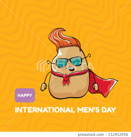 International mens day vector cartoon greeting card with funny cartoon cute brown super hero potato with red hero cape and mask on orange pattern background. Celebrating Men and Boys square banner 132952056