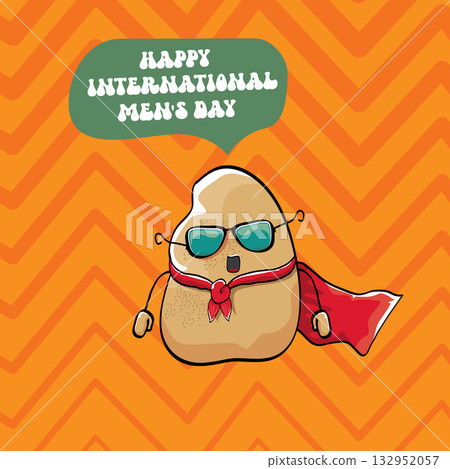 International mens day vector cartoon greeting card with funny cartoon cute brown super hero potato with red hero cape and mask on orange pattern background. Celebrating Men and Boys square banner 132952057