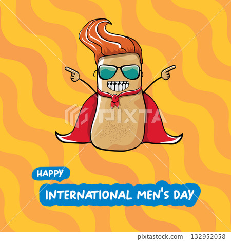 International mens day vector cartoon greeting card with funny cartoon cute brown super hero potato with red hero cape and mask on orange pattern background. Celebrating Men and Boys square banner 132952058