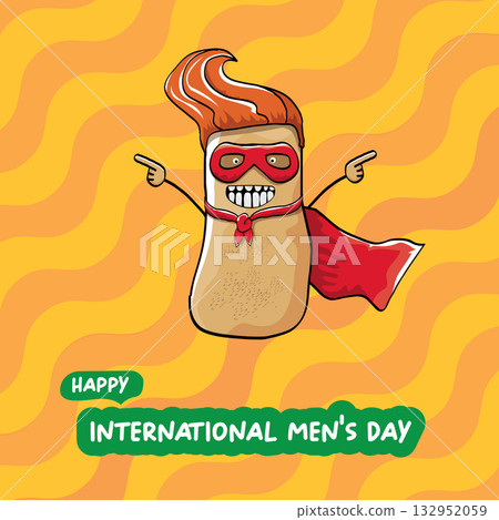International mens day vector cartoon greeting card with funny cartoon cute brown super hero potato with red hero cape and mask on orange pattern background. Celebrating Men and Boys square banner 132952059