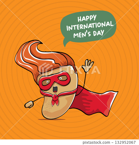 International mens day vector cartoon greeting card with funny cartoon cute brown super hero potato with red hero cape and mask on orange pattern background. Celebrating Men and Boys square banner 132952067