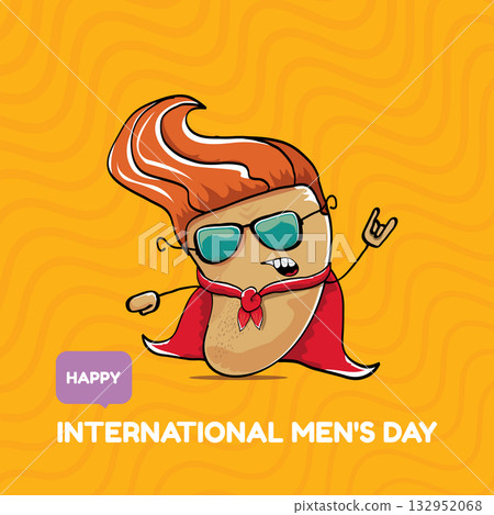 International mens day vector cartoon greeting card with funny cartoon cute brown super hero potato with red hero cape and mask on orange pattern background. Celebrating Men and Boys square banner 132952068